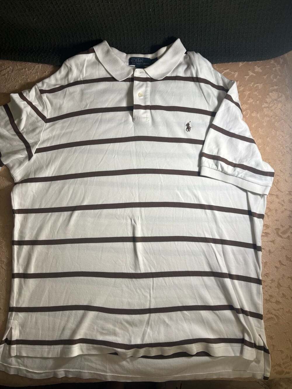 Polo by Ralph Lauren Men's White and Brown Striped Short Sleeve Polo Shirt XXL